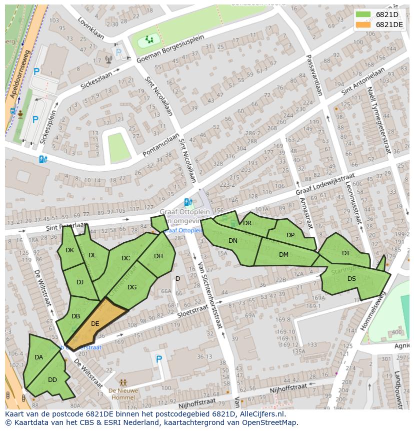 Afbeelding van het postcodegebied 6821 DE op de kaart.