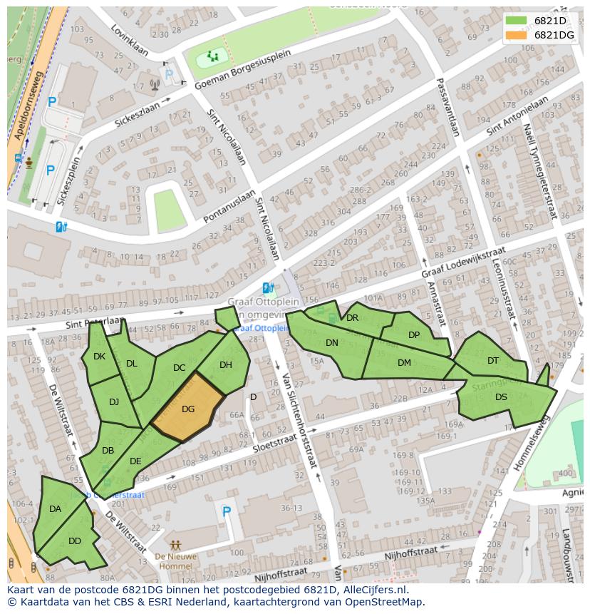 Afbeelding van het postcodegebied 6821 DG op de kaart.