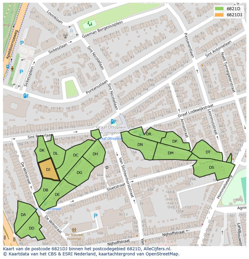 Afbeelding van het postcodegebied 6821 DJ op de kaart.
