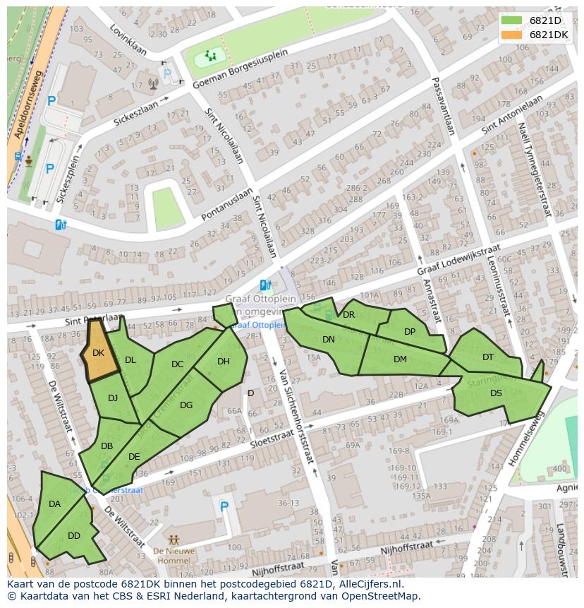 Afbeelding van het postcodegebied 6821 DK op de kaart.