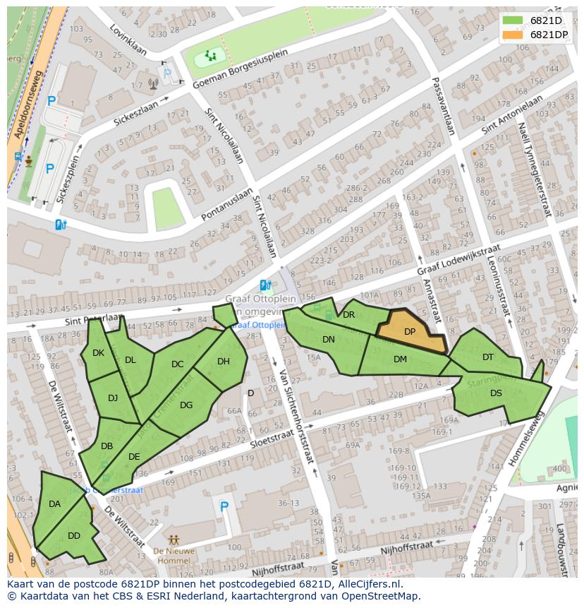 Afbeelding van het postcodegebied 6821 DP op de kaart.