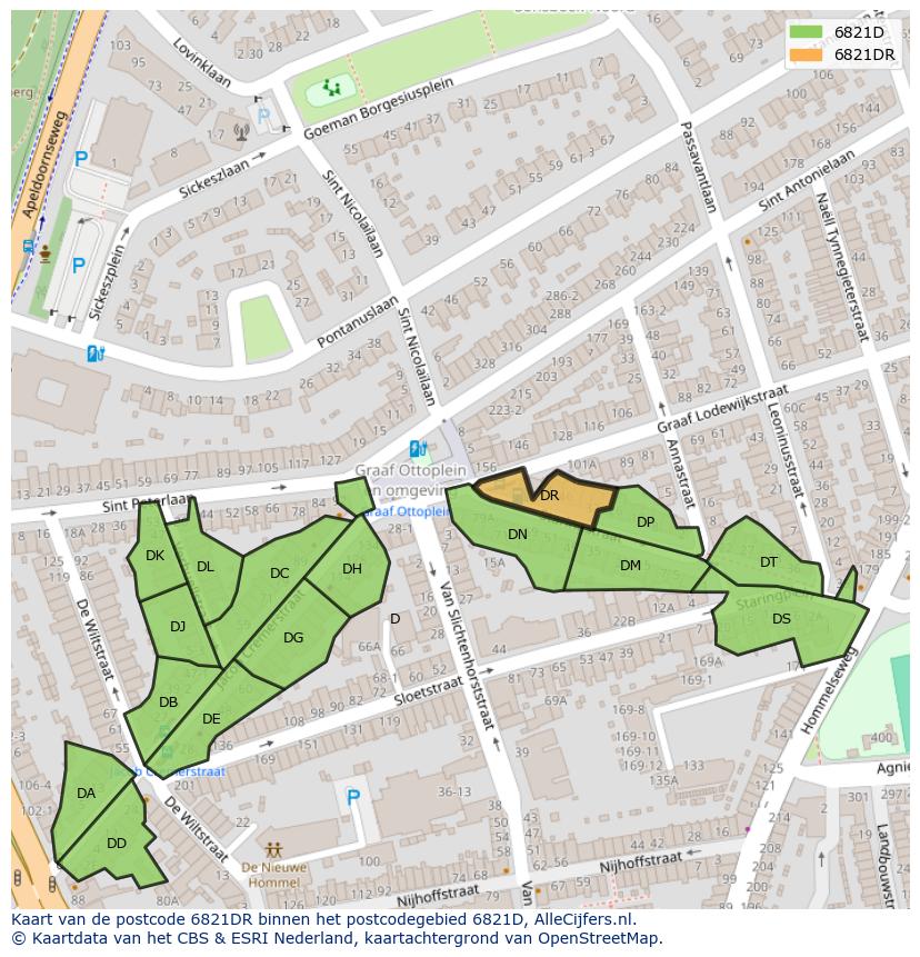 Afbeelding van het postcodegebied 6821 DR op de kaart.