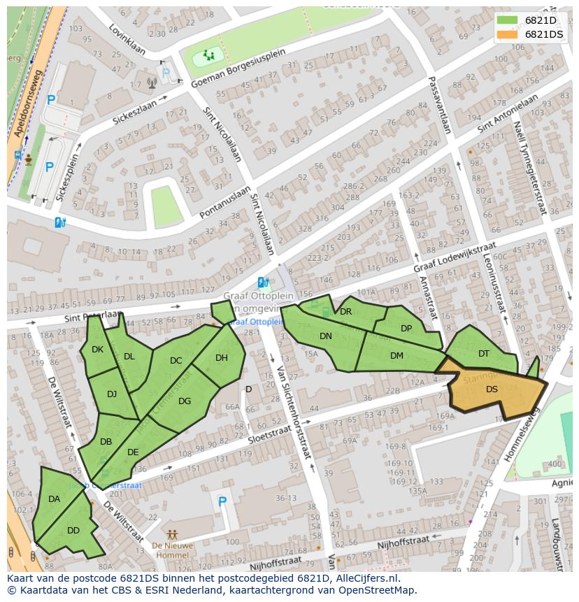Afbeelding van het postcodegebied 6821 DS op de kaart.