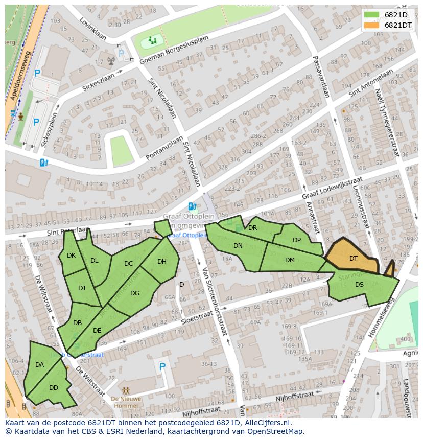 Afbeelding van het postcodegebied 6821 DT op de kaart.