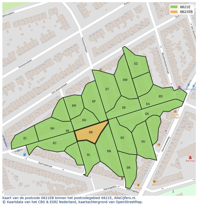 Afbeelding van het postcodegebied 6821 EB op de kaart.