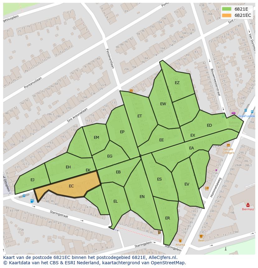 Afbeelding van het postcodegebied 6821 EC op de kaart.