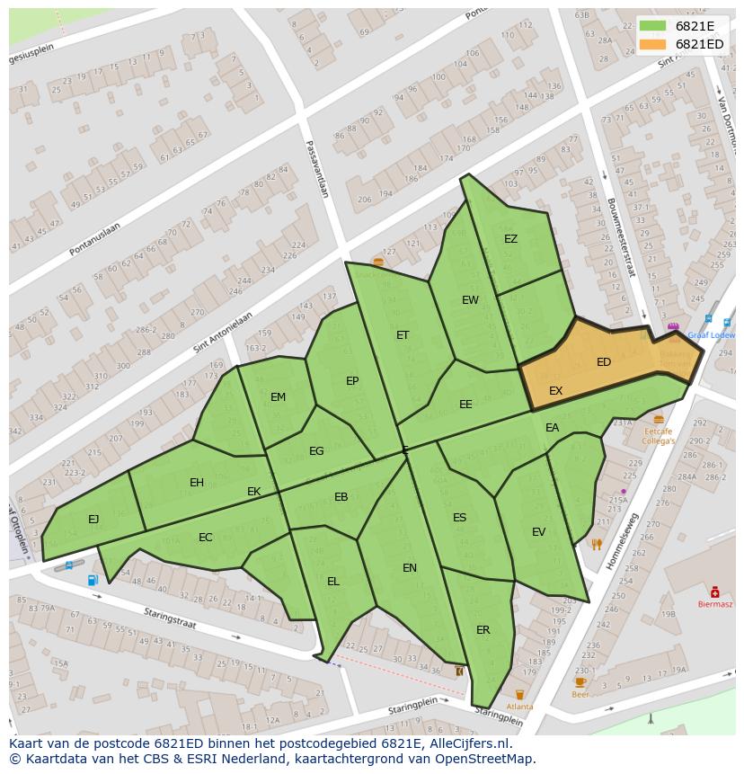 Afbeelding van het postcodegebied 6821 ED op de kaart.