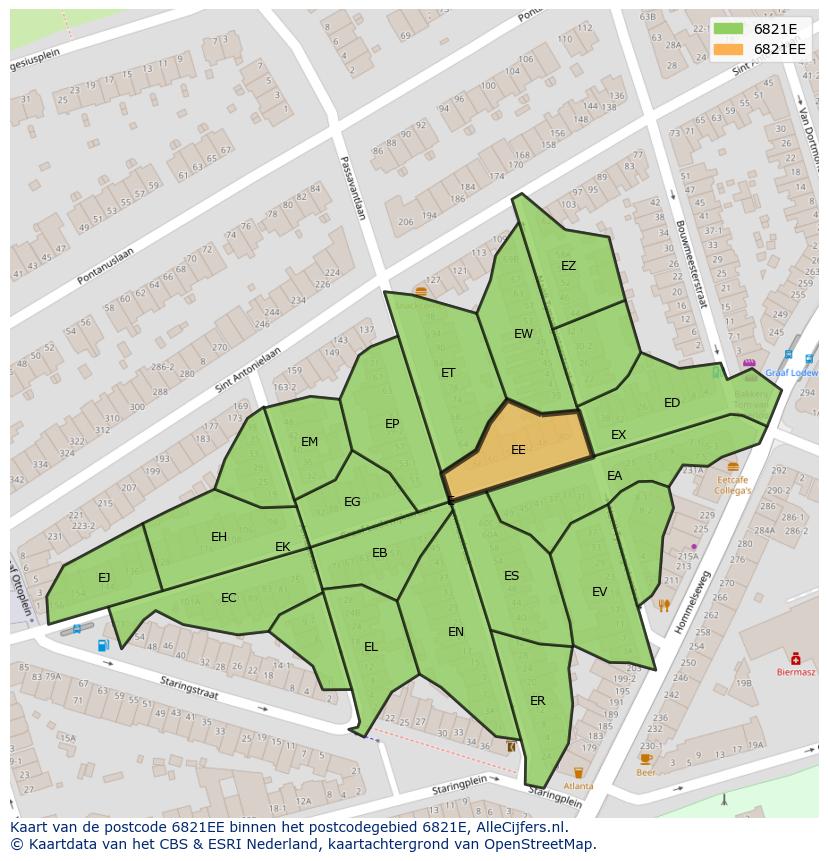 Afbeelding van het postcodegebied 6821 EE op de kaart.