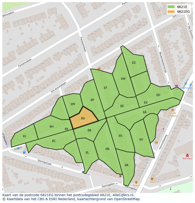 Afbeelding van het postcodegebied 6821 EG op de kaart.