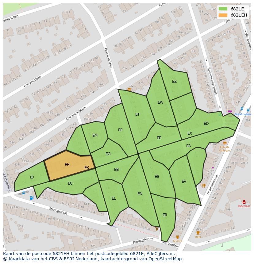 Afbeelding van het postcodegebied 6821 EH op de kaart.