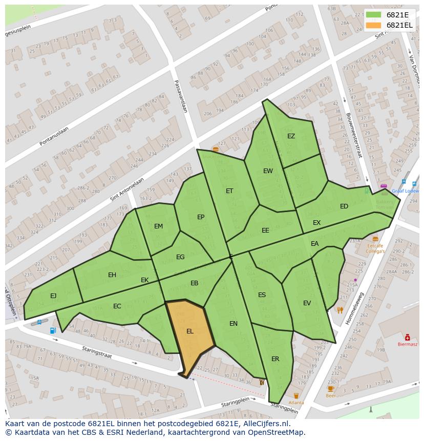 Afbeelding van het postcodegebied 6821 EL op de kaart.