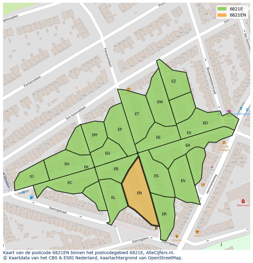 Afbeelding van het postcodegebied 6821 EN op de kaart.