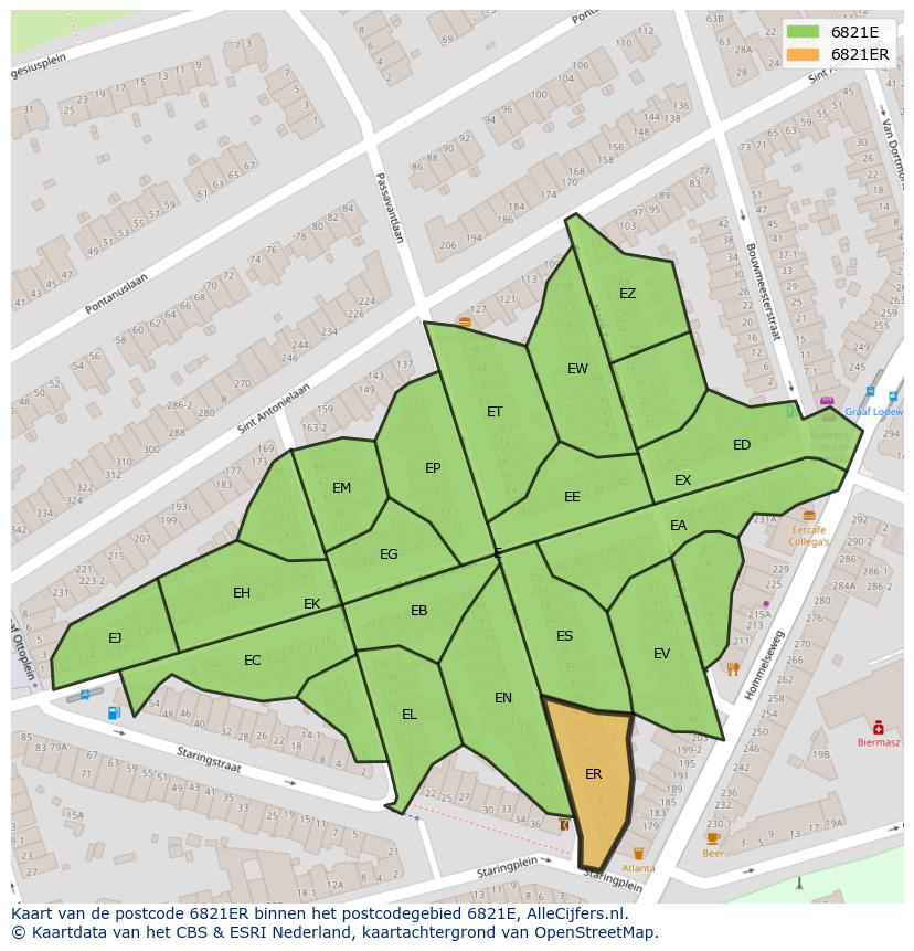 Afbeelding van het postcodegebied 6821 ER op de kaart.