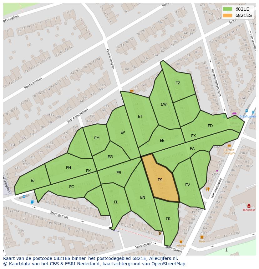 Afbeelding van het postcodegebied 6821 ES op de kaart.