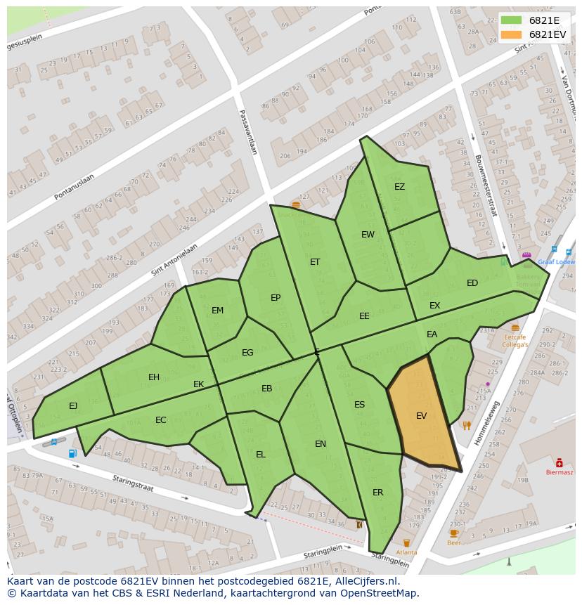 Afbeelding van het postcodegebied 6821 EV op de kaart.