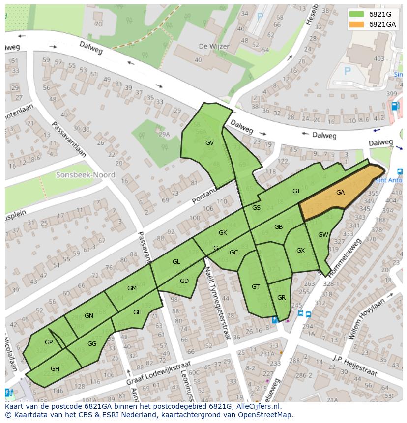 Afbeelding van het postcodegebied 6821 GA op de kaart.