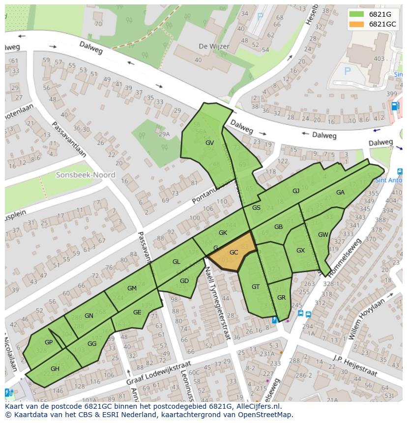 Afbeelding van het postcodegebied 6821 GC op de kaart.