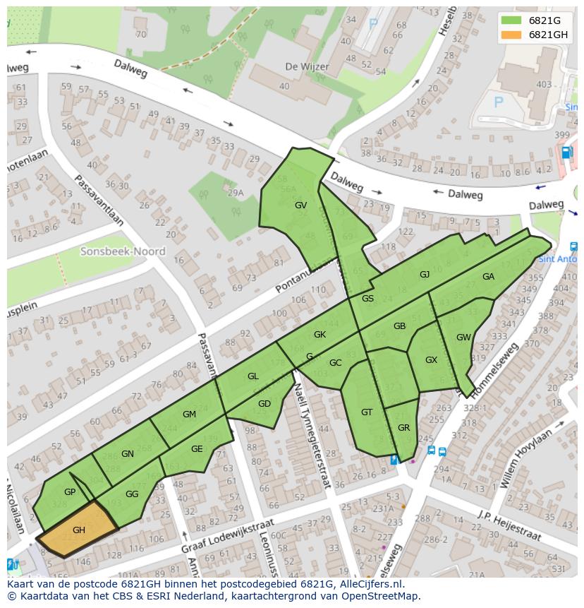 Afbeelding van het postcodegebied 6821 GH op de kaart.
