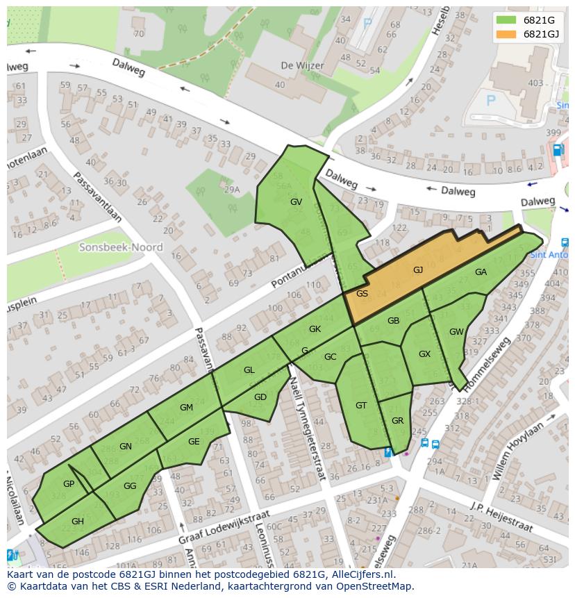 Afbeelding van het postcodegebied 6821 GJ op de kaart.