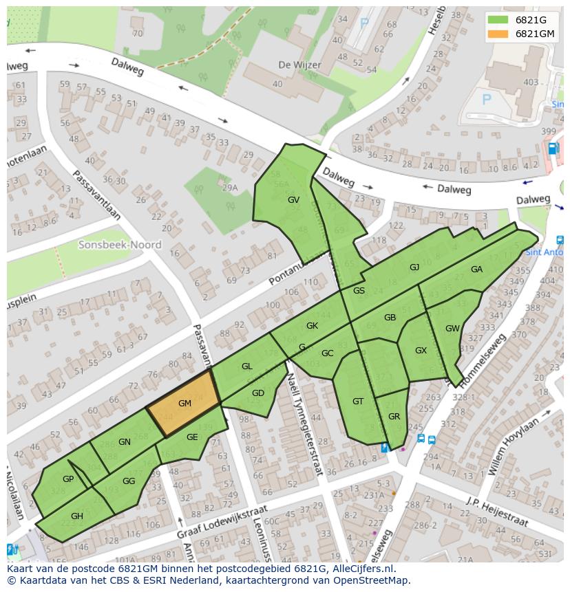 Afbeelding van het postcodegebied 6821 GM op de kaart.