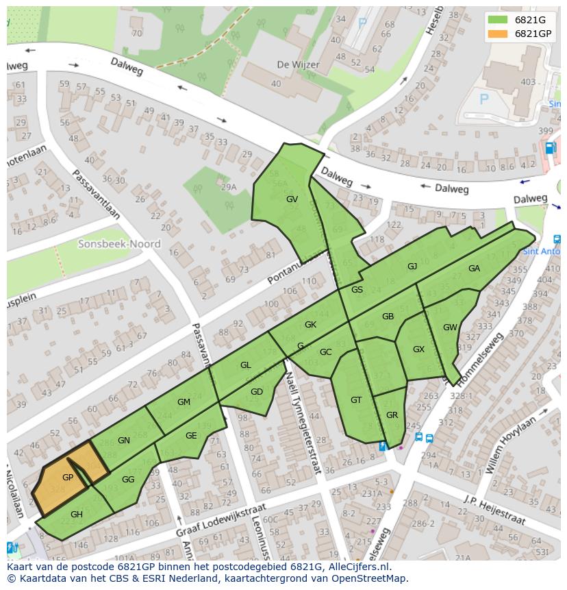 Afbeelding van het postcodegebied 6821 GP op de kaart.