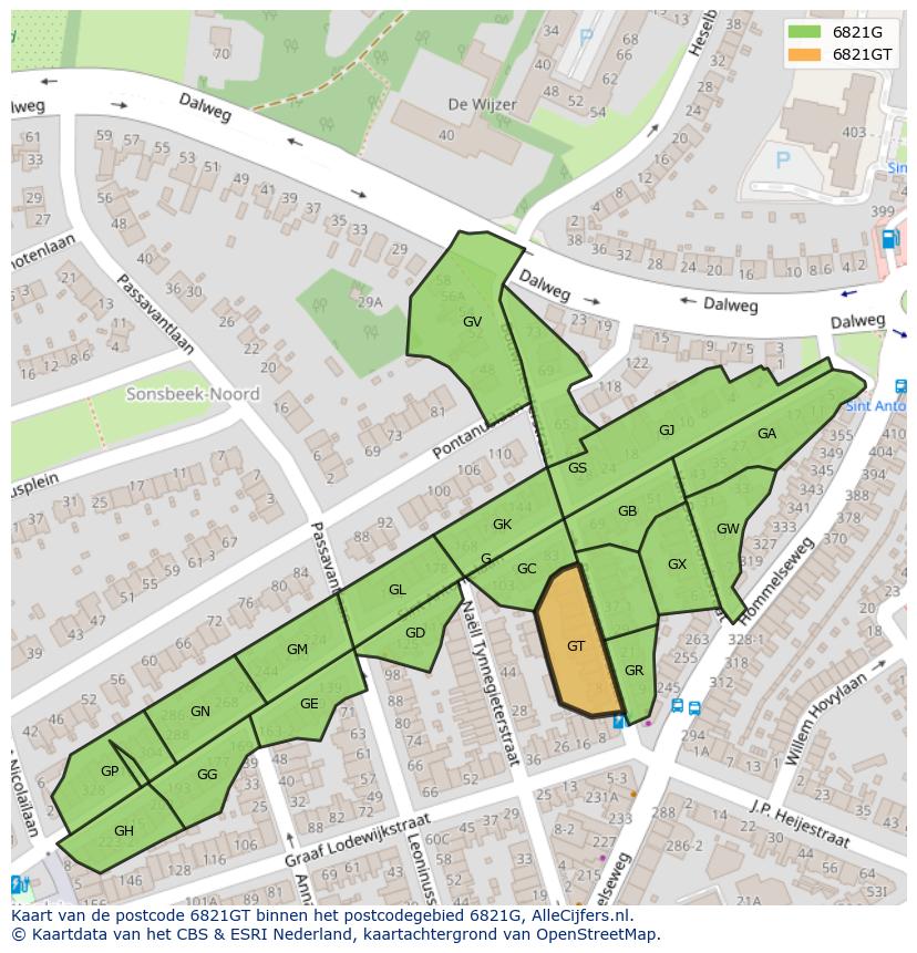 Afbeelding van het postcodegebied 6821 GT op de kaart.
