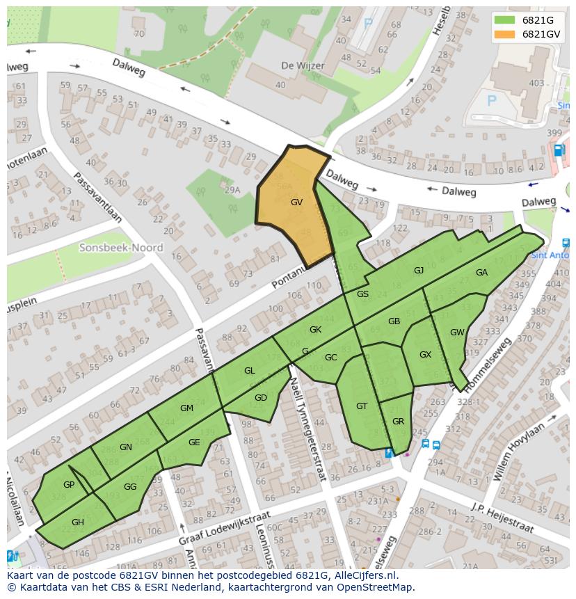 Afbeelding van het postcodegebied 6821 GV op de kaart.
