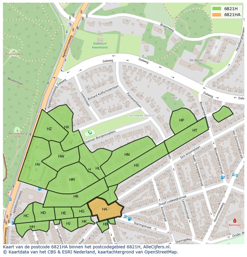 Afbeelding van het postcodegebied 6821 HA op de kaart.