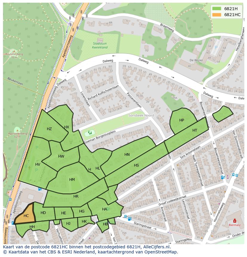 Afbeelding van het postcodegebied 6821 HC op de kaart.