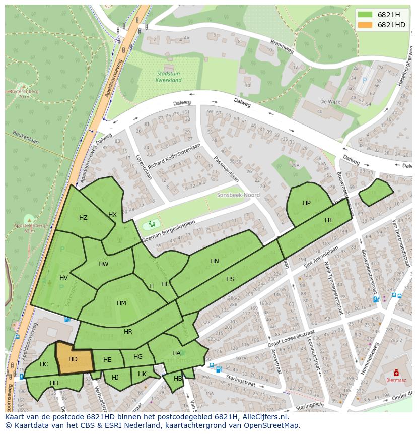 Afbeelding van het postcodegebied 6821 HD op de kaart.
