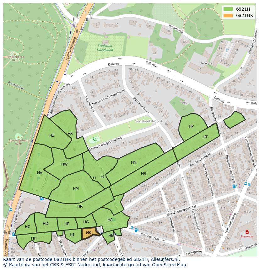 Afbeelding van het postcodegebied 6821 HK op de kaart.
