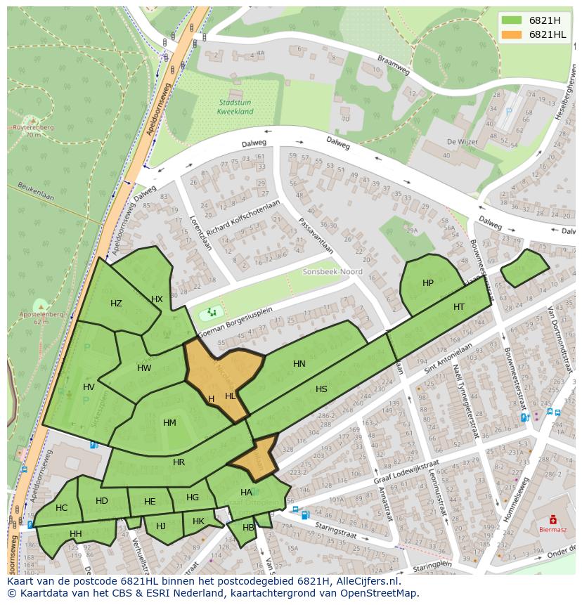 Afbeelding van het postcodegebied 6821 HL op de kaart.