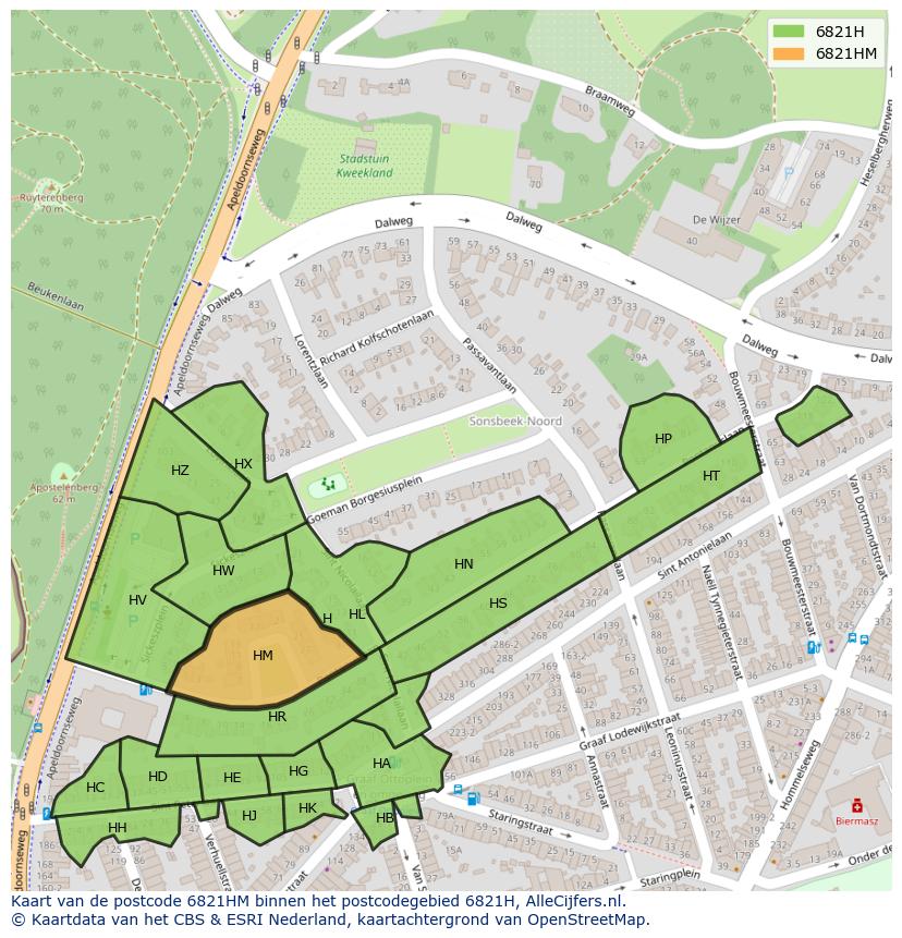 Afbeelding van het postcodegebied 6821 HM op de kaart.