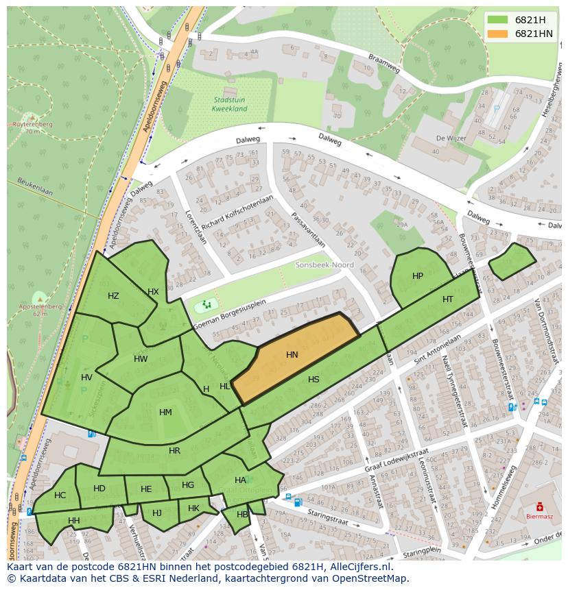 Afbeelding van het postcodegebied 6821 HN op de kaart.