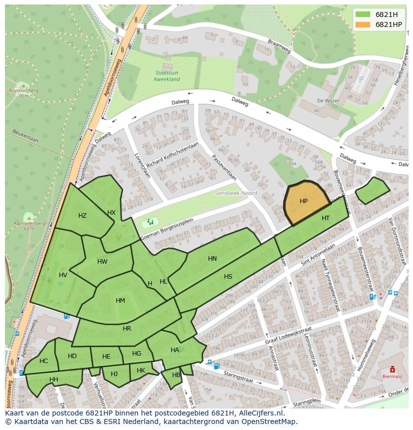 Afbeelding van het postcodegebied 6821 HP op de kaart.