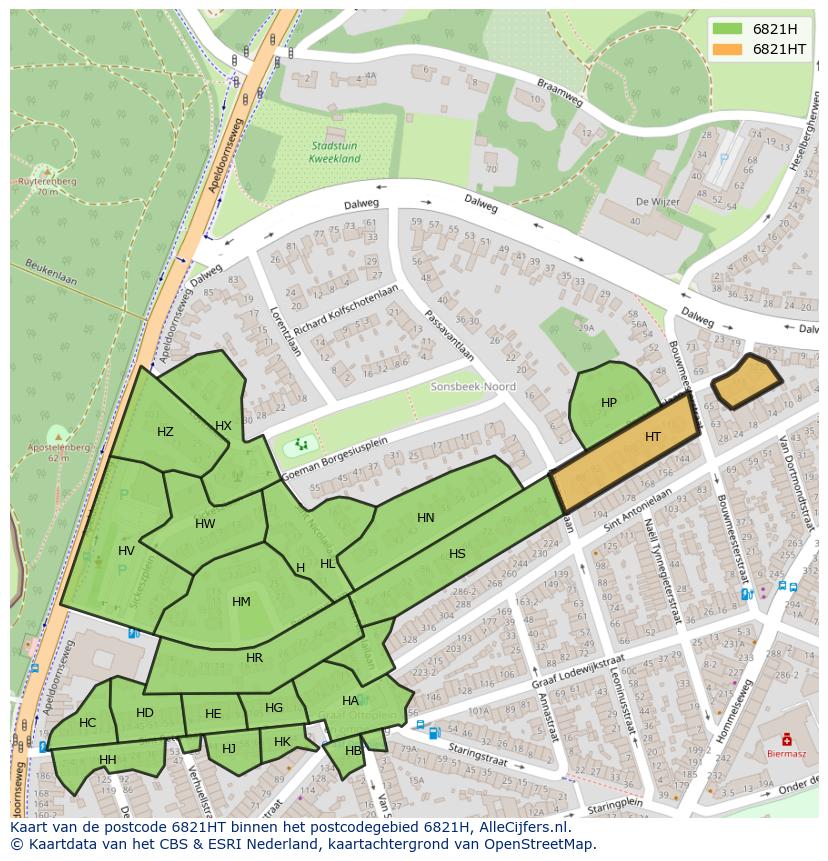 Afbeelding van het postcodegebied 6821 HT op de kaart.