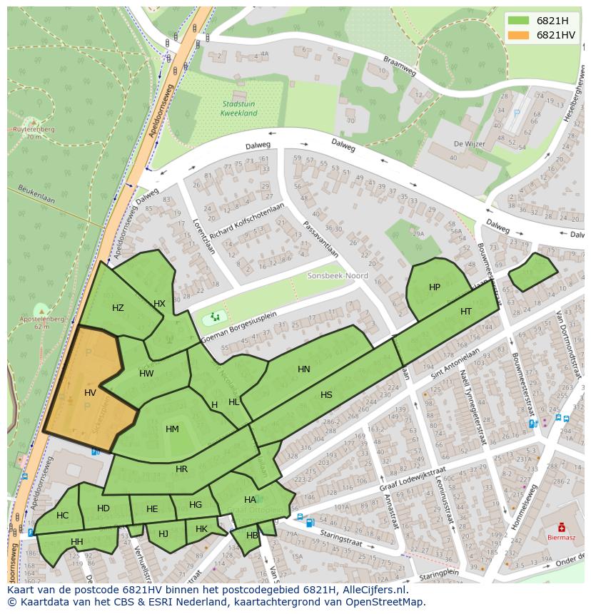 Afbeelding van het postcodegebied 6821 HV op de kaart.