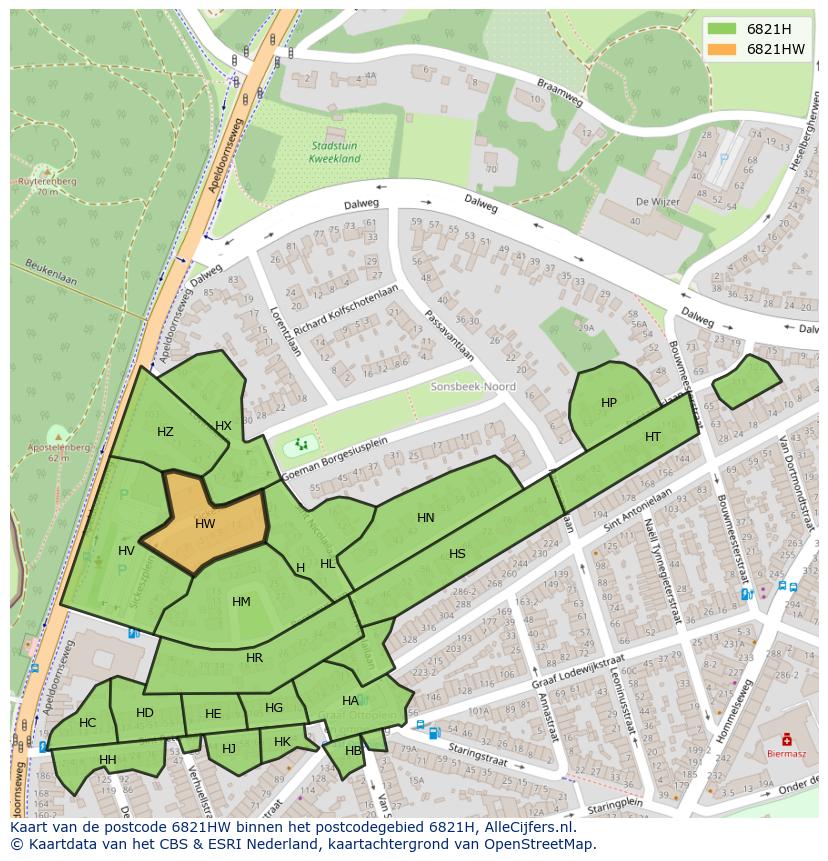 Afbeelding van het postcodegebied 6821 HW op de kaart.