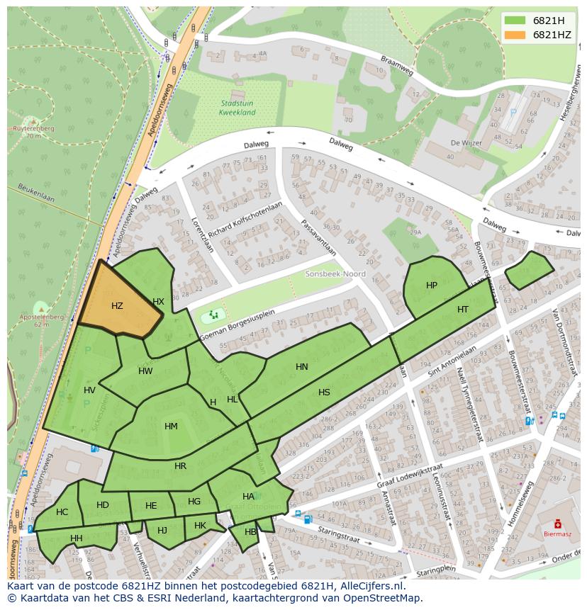 Afbeelding van het postcodegebied 6821 HZ op de kaart.