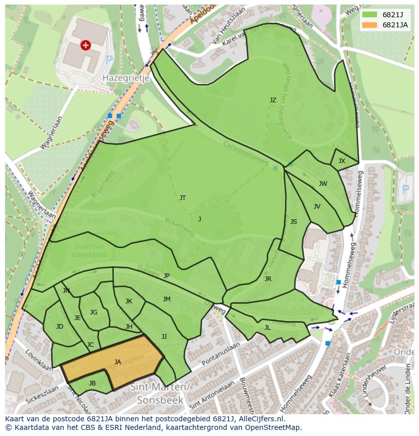 Afbeelding van het postcodegebied 6821 JA op de kaart.