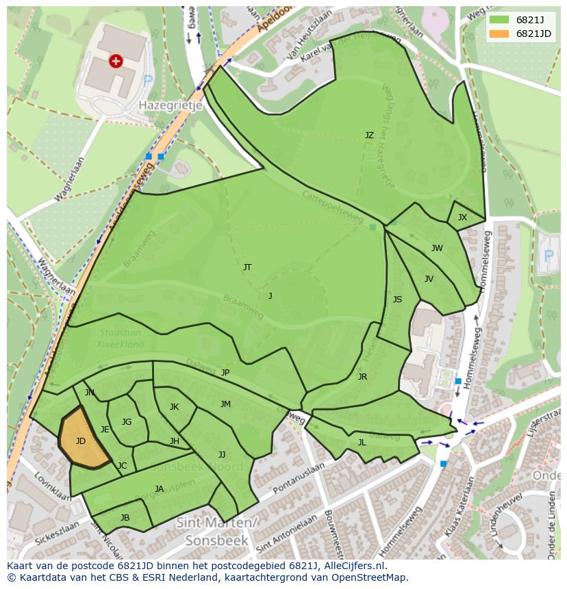 Afbeelding van het postcodegebied 6821 JD op de kaart.