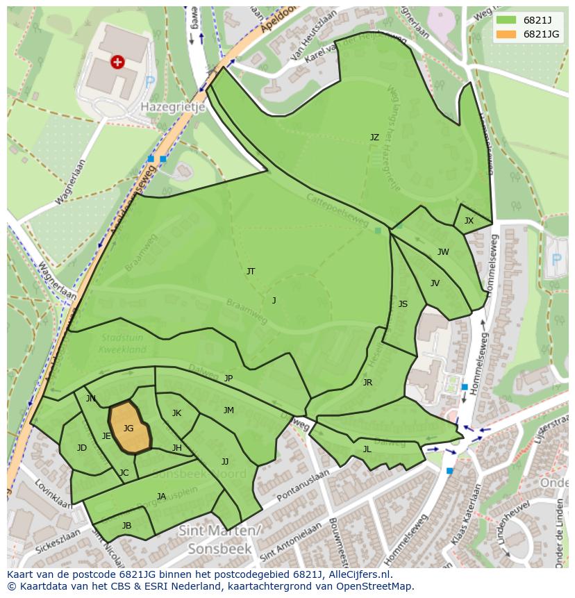 Afbeelding van het postcodegebied 6821 JG op de kaart.