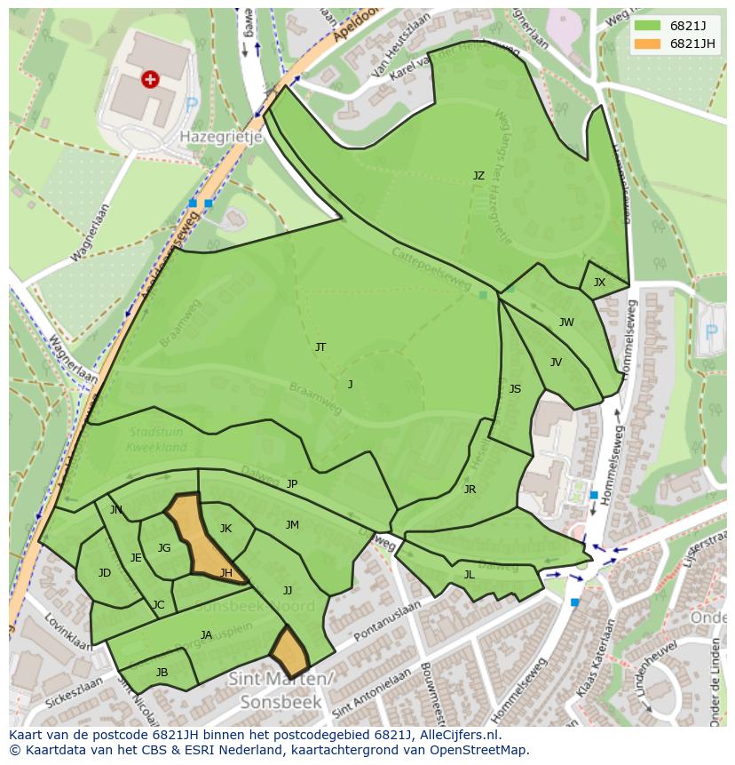 Afbeelding van het postcodegebied 6821 JH op de kaart.