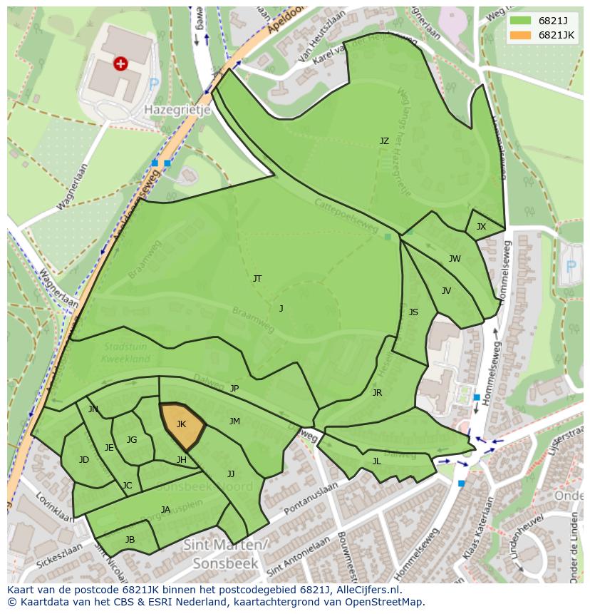 Afbeelding van het postcodegebied 6821 JK op de kaart.