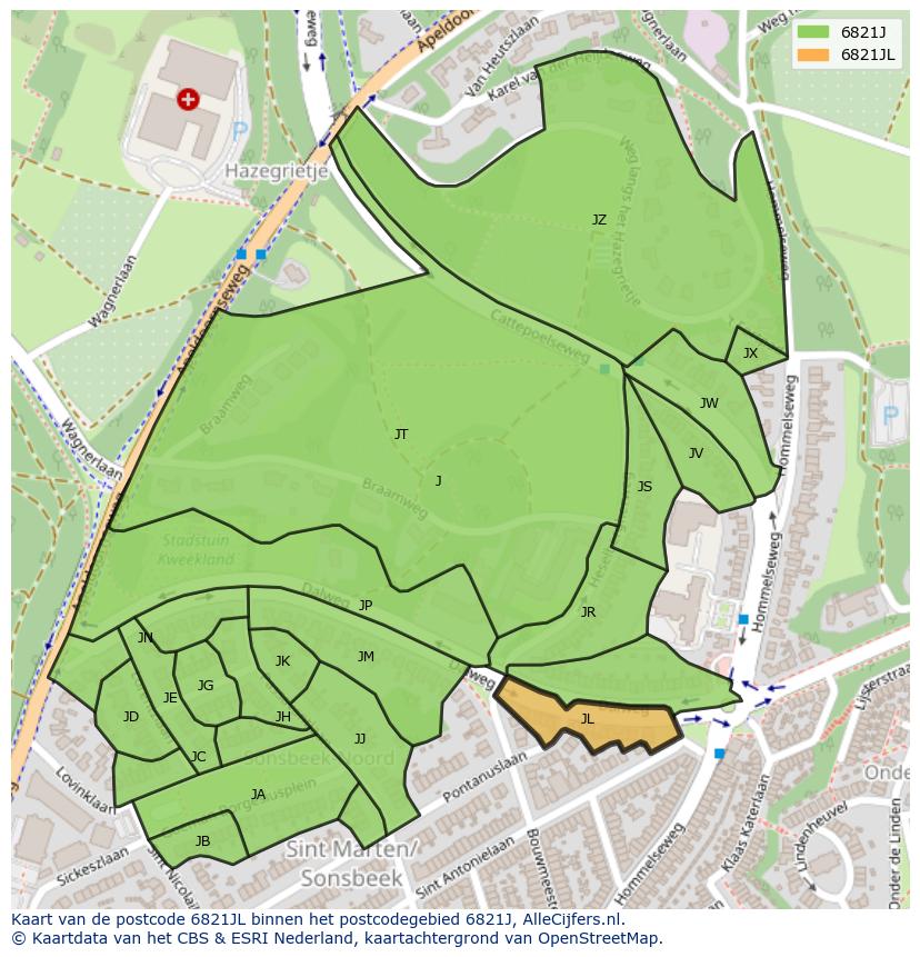 Afbeelding van het postcodegebied 6821 JL op de kaart.