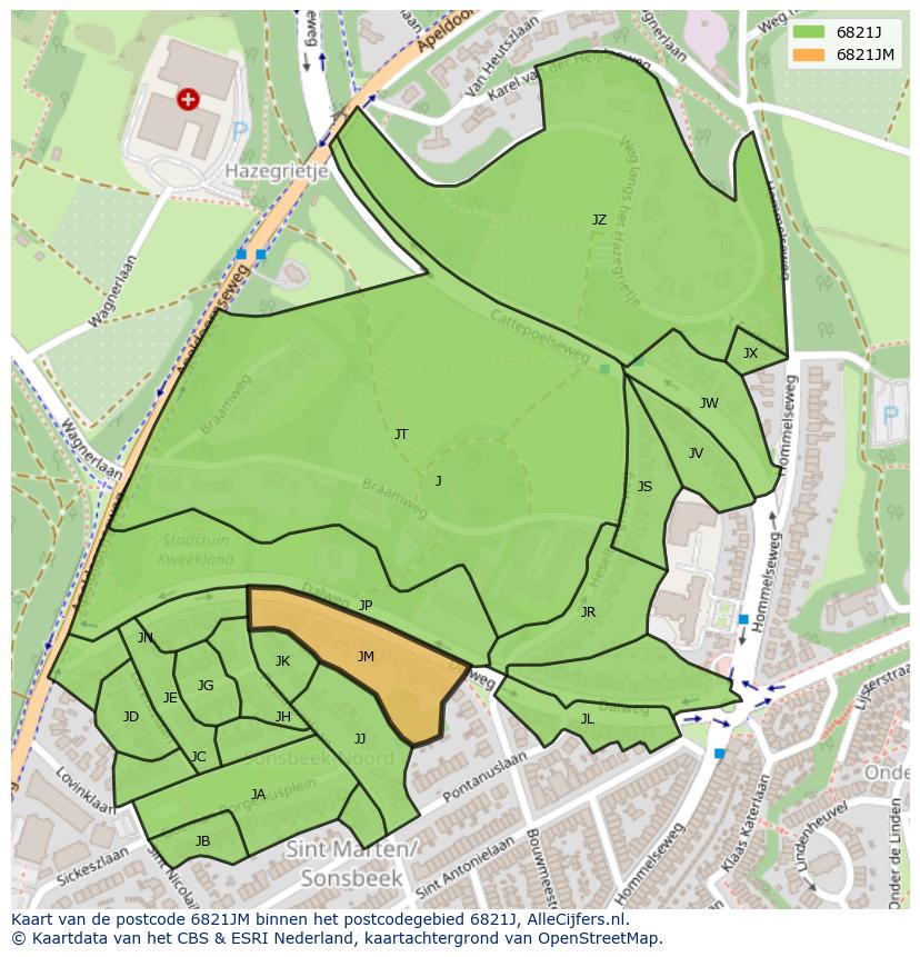 Afbeelding van het postcodegebied 6821 JM op de kaart.