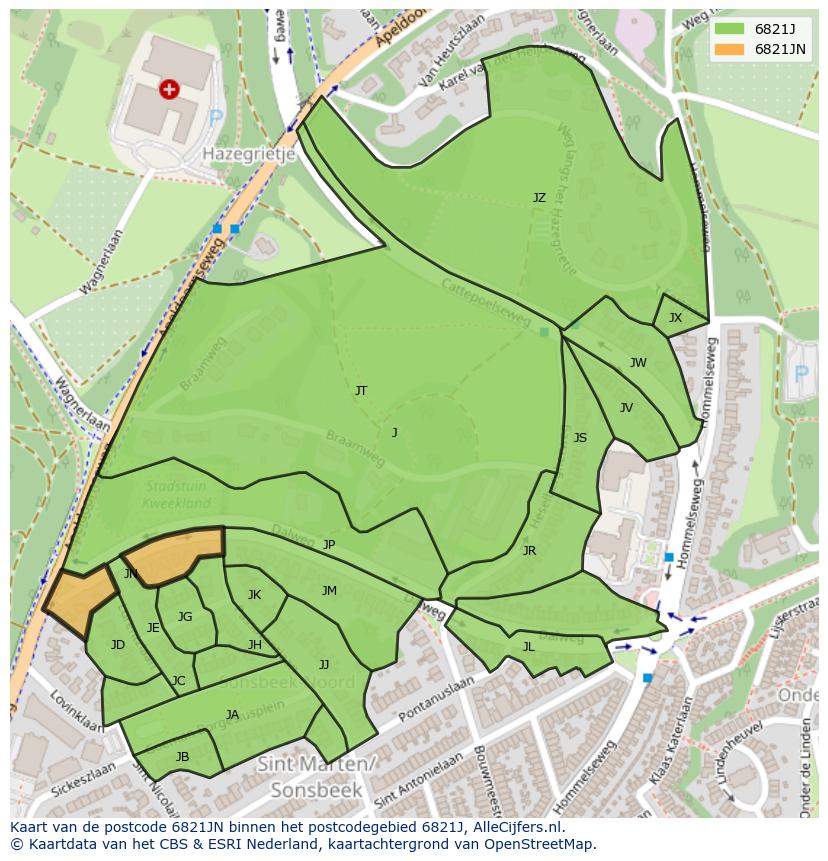 Afbeelding van het postcodegebied 6821 JN op de kaart.