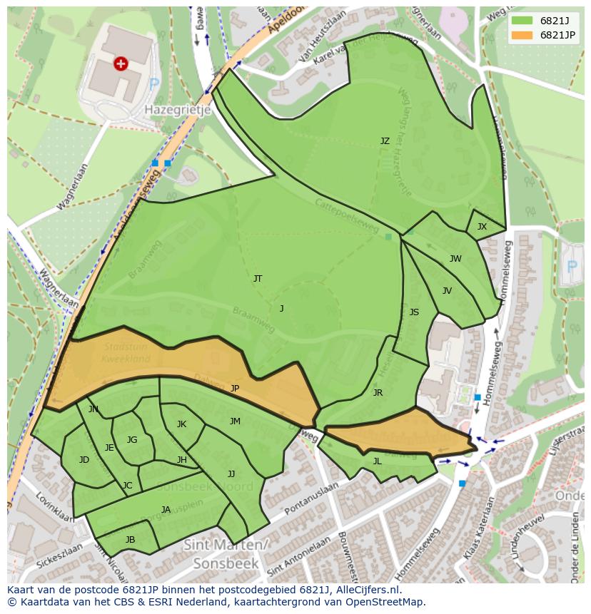 Afbeelding van het postcodegebied 6821 JP op de kaart.