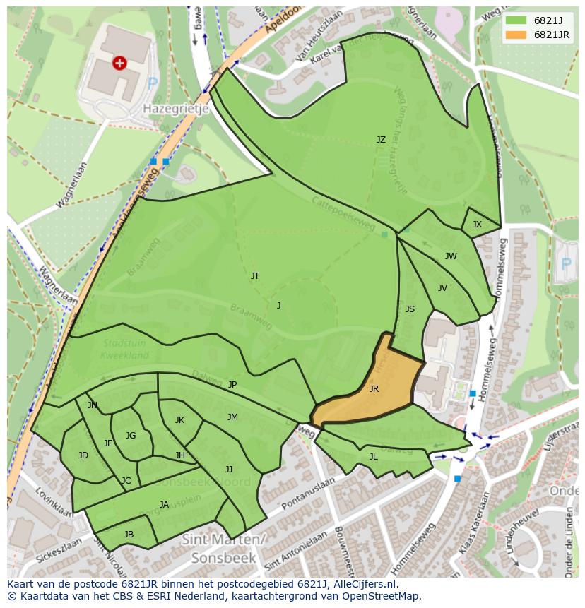 Afbeelding van het postcodegebied 6821 JR op de kaart.