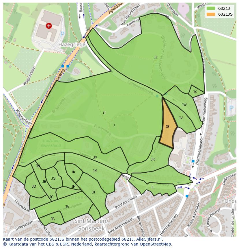 Afbeelding van het postcodegebied 6821 JS op de kaart.
